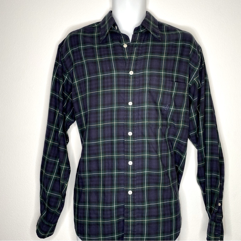 Nautica Vintage Mens plaid flannel long sleeve button down shirt navy Medium
